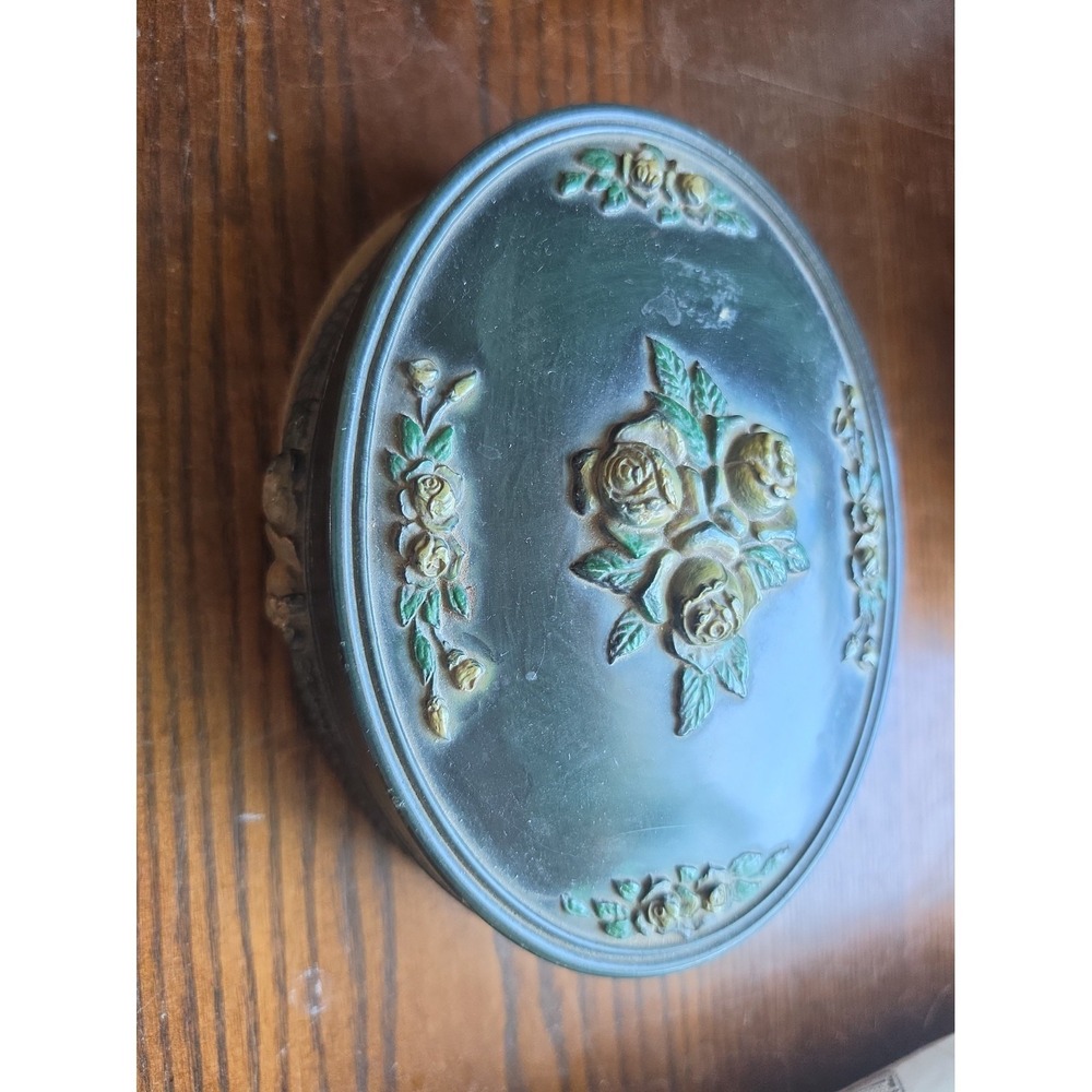 Oval Decorative Trinket Box Dark Green Rose Floral Purple Velvet Interior Lid